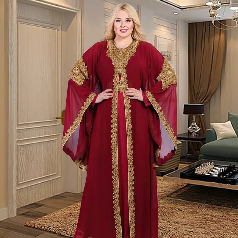 Partykleider für Frauen, Abaya, muslimischer Kaftan, 2-teiliges Set, Eid-Flare-Ärmel, Robe, bestickt, goldene Spitzenkleid, Anzug, Jalabiya Ramadan.