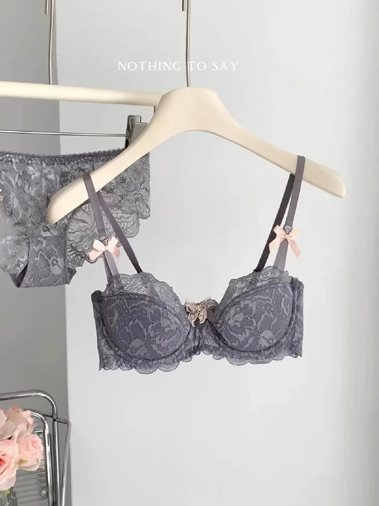 French Coquette Lace Bra Set Bow Straps Minimizer Large Bust Sheer Half Cup Balconette Push Up No Spill Underwire Sexy Lingerie.