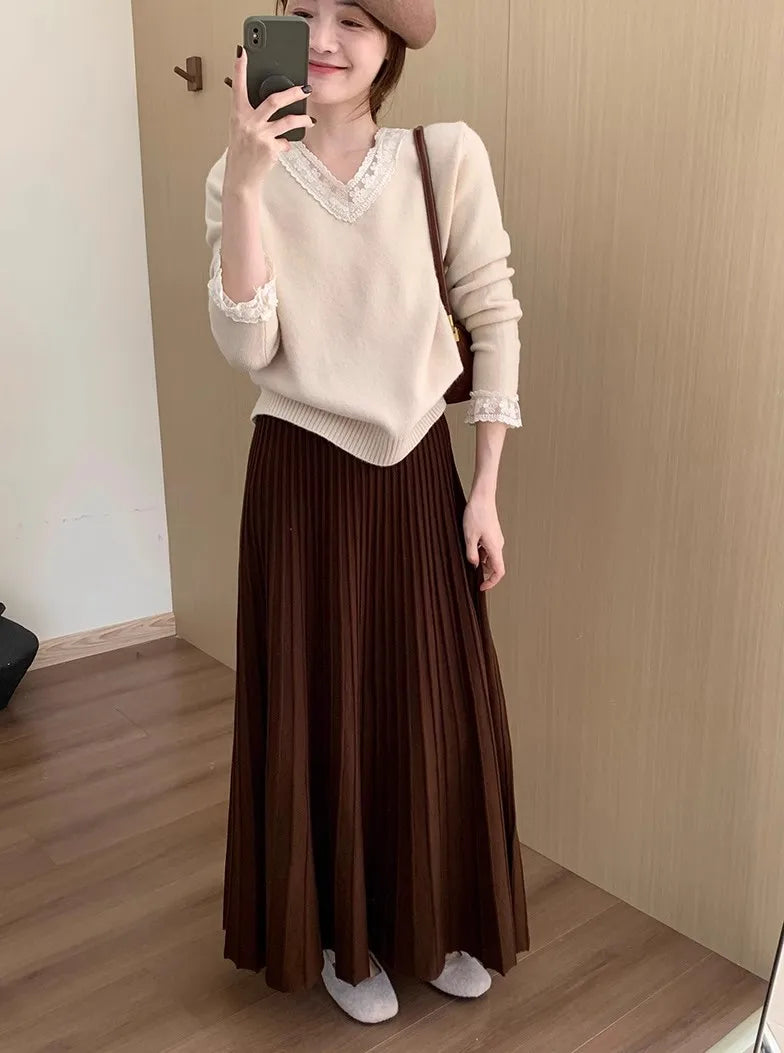 2026 Khaki Cashmere Knitted Midi Skirt for Women, Loose Fit, Draped, Slimming A-Line Pleated Skirt for Autumn and Winter