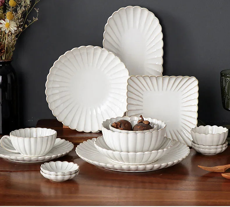 Retro Ceramic Dishes Plates Fish Dish Plates Manual Flower Relief Living Room Dinner Plate Kitchen Fruit Salad Dish Bowl.