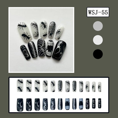 24pcs Sliver Spider Design Fake Nail Halloween Gothic Punk False Nail Tips Wearable European Heavy Metal Almond Press on Nails