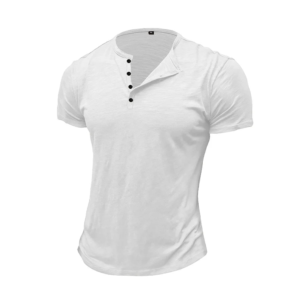Summer Men's Cotton T-shirt Short-sleeve Henley Collar Casual Solid Color Button Tees Polo High Quality Male Cozy T-shirts.