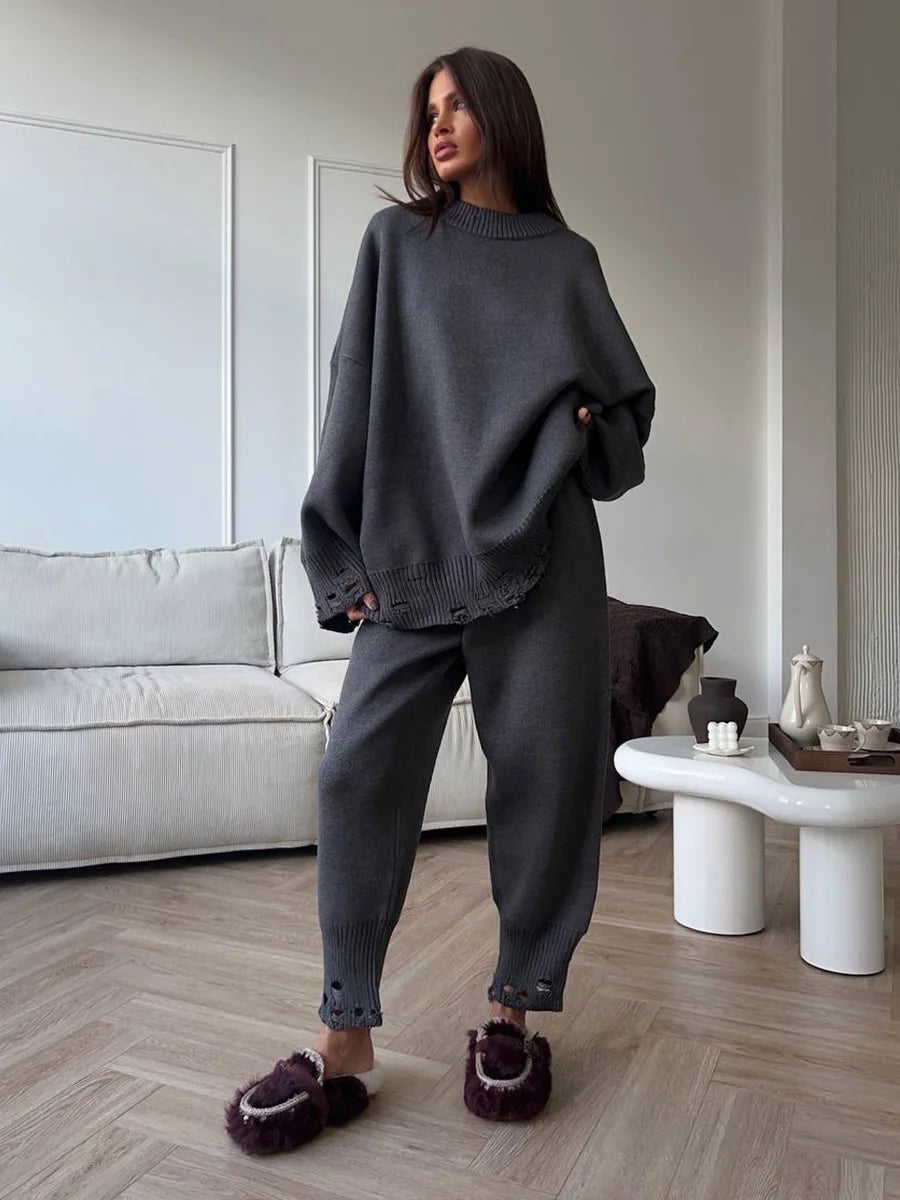 Two Piece Ripped Set Women Knit Tracksuits O Neck Long Sleeve Casual Baggy Sweatshirts+ Joggers Pants Outfits 2025 Fall Winter.
