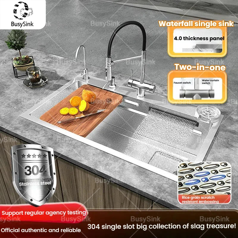 Stainless Steel Waterfall Kitchen Sink Multifunctional Scratch Resistant Wash Vegetables Basin Household Large Single Slot
