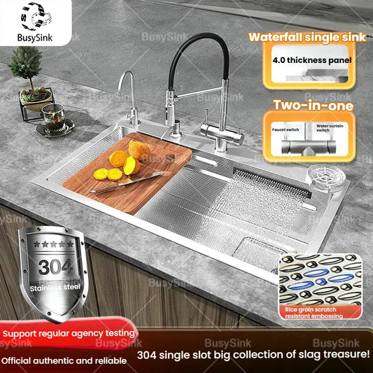 Stainless Steel Waterfall Kitchen Sink Multifunctional Scratch Resistant Wash Vegetables Basin Household Large Single Slot