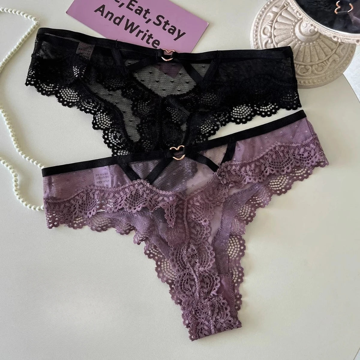 SP&CITY Thin Lace Embroidery Sexy Thongs Love Metal Transparent Women's Underwear Soft Cotton Crotch Hollow Out Panties Tanga.