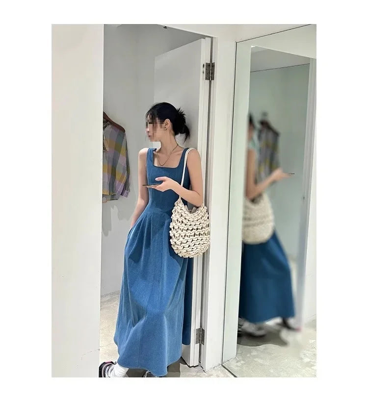 Blue Mist Love Französisches Jeanskleid für Damen, Sommer, einzigartiges Design, Taille, Cinching-Riemen, langes Kleid, elegante blaue Polyesterfaser