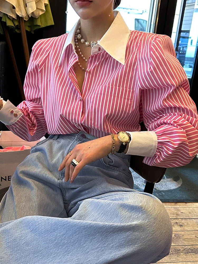 Jmprs Elegant Women Shirts Korean Striped Red Fashion Turn Down Collar Office Ladies Tops Long Sleeve Causal Female Blouse.
