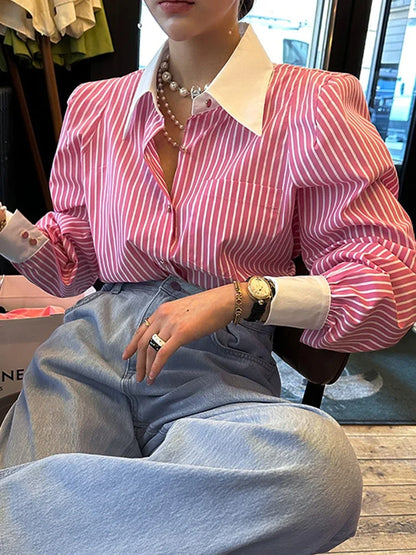 Jmprs Elegant Women Shirts Korean Striped Red Fashion Turn Down Collar Office Ladies Tops Long Sleeve Causal Female Blouse.