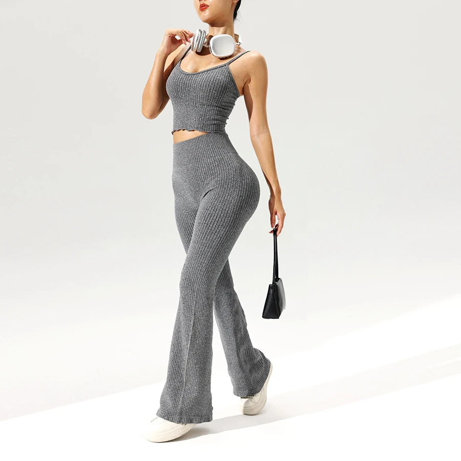 2pcs/set Seamless Flared Pants Ribbed Tank Top Outfit Women Gym Yoga Clothes Flared Trousers Vest Set Sexy for Clubs Date Nights.