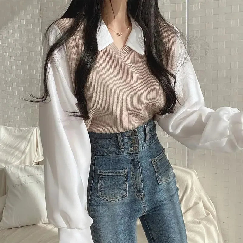 Summer Blouse Women Korean Style False Two-piece Polo Collar Blouses Y2k Tops Streetwear Loose Youth Pullovers Elegant Shirt.