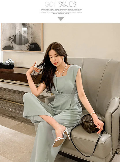 H Han Queen Summer Elegant Business Jumpsuits Women Simple Wide Leg Long Playsuits Korean Sleeveless Casual Rompers Office Lady.