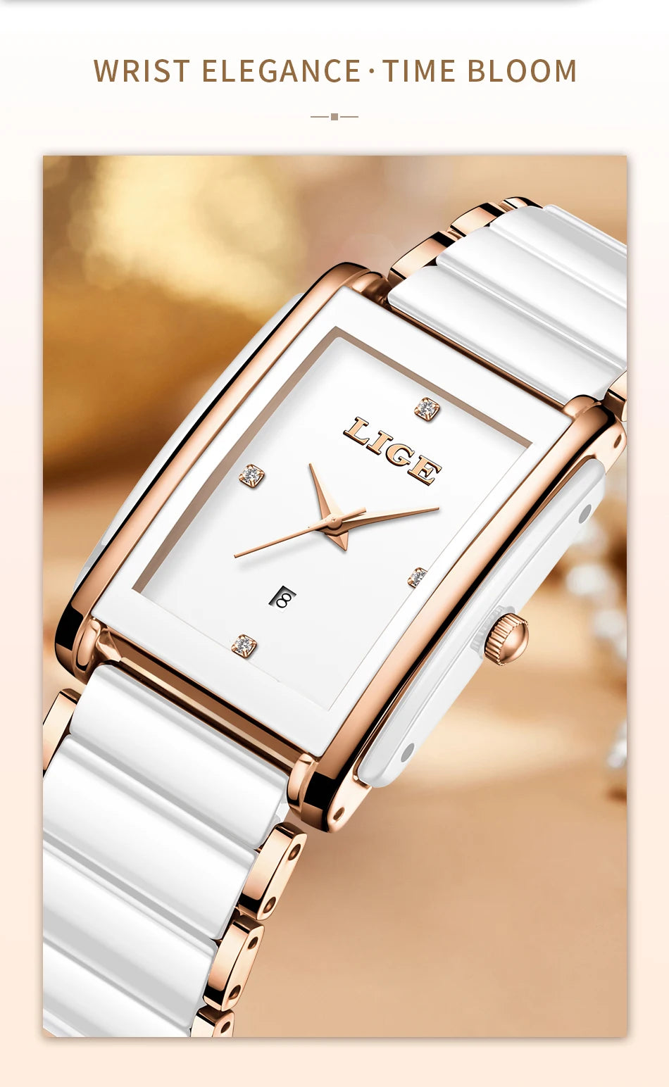 LIGE Fashion Square Quartz Woman Watches Ceramics Elegant Simple Diamond Auto Date Romantic Birthday Gift Leisure Wristwatch New.