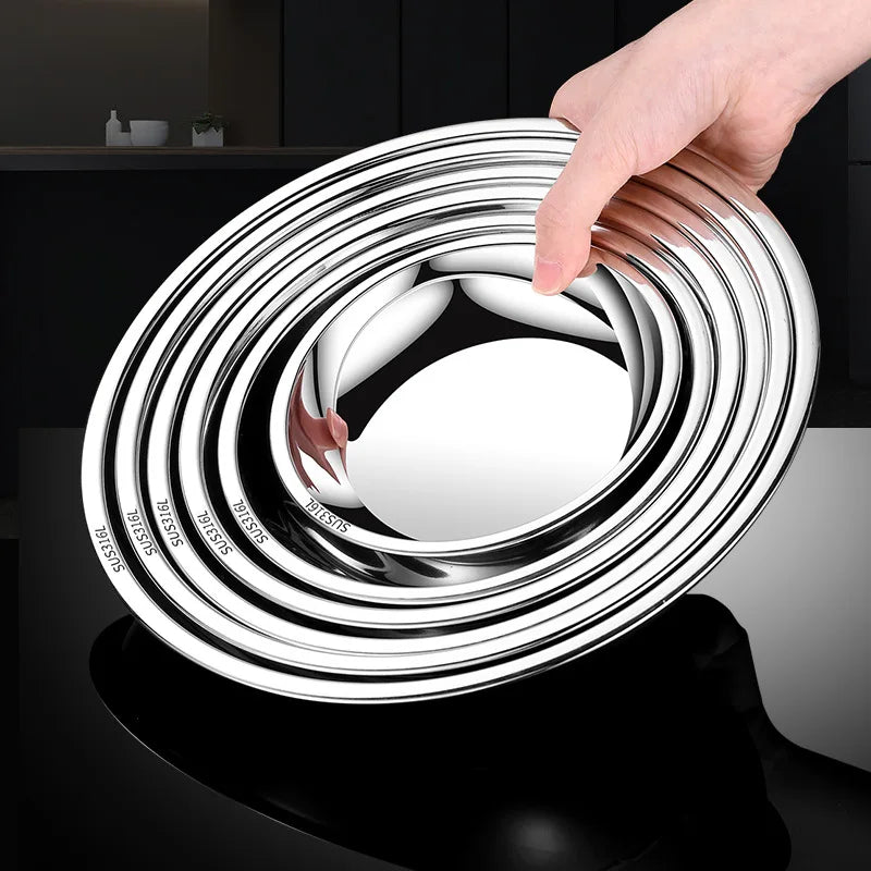 Thick Round 316 Stainless Steel Dinner Plate Food Grade Trays Salad Fruit Meal Pan Kitchen Steak Seafood Flat Cooking Bowls.