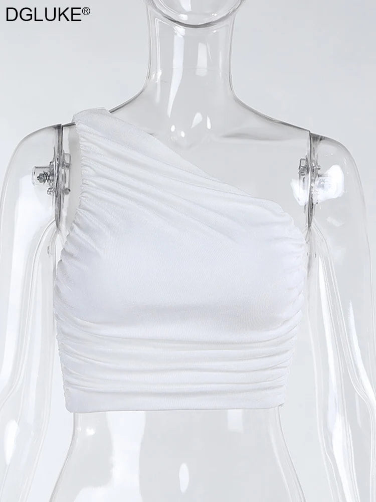 White Tank Top For Women Ruched One Shoulder Crop Top Female Elegant Summer Tops Holiday Beach Cami Top Y2K 2000s