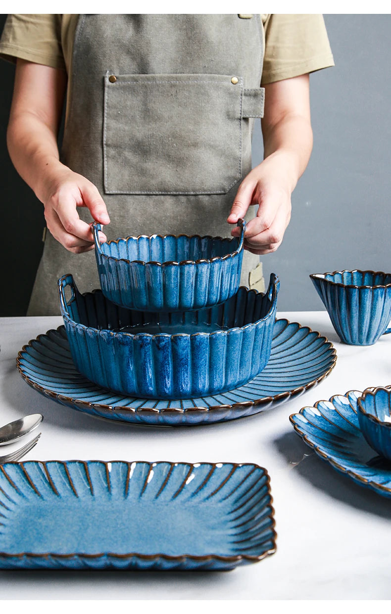 Retro Household Ceramic Tableware Kiln Variable Glaze Western Plate Creative Long Plate Main Dish Dinner Plate Kitchen Supplies.