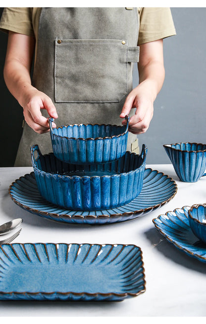 Retro Household Ceramic Tableware Kiln Variable Glaze Western Plate Creative Long Plate Main Dish Dinner Plate Kitchen Supplies.