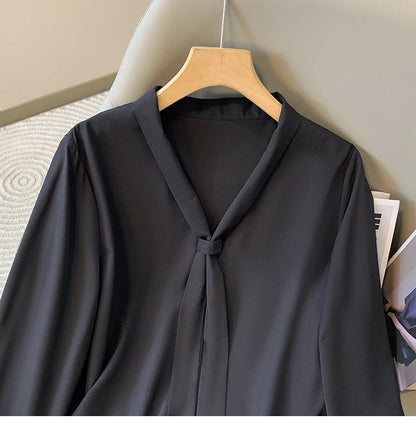Loose Long Sleeve V-Neck Work Shirt for Women Plus Size Women's Blouses Fashion Versatile Autumn Bow Tops Trendy Business Shirts.