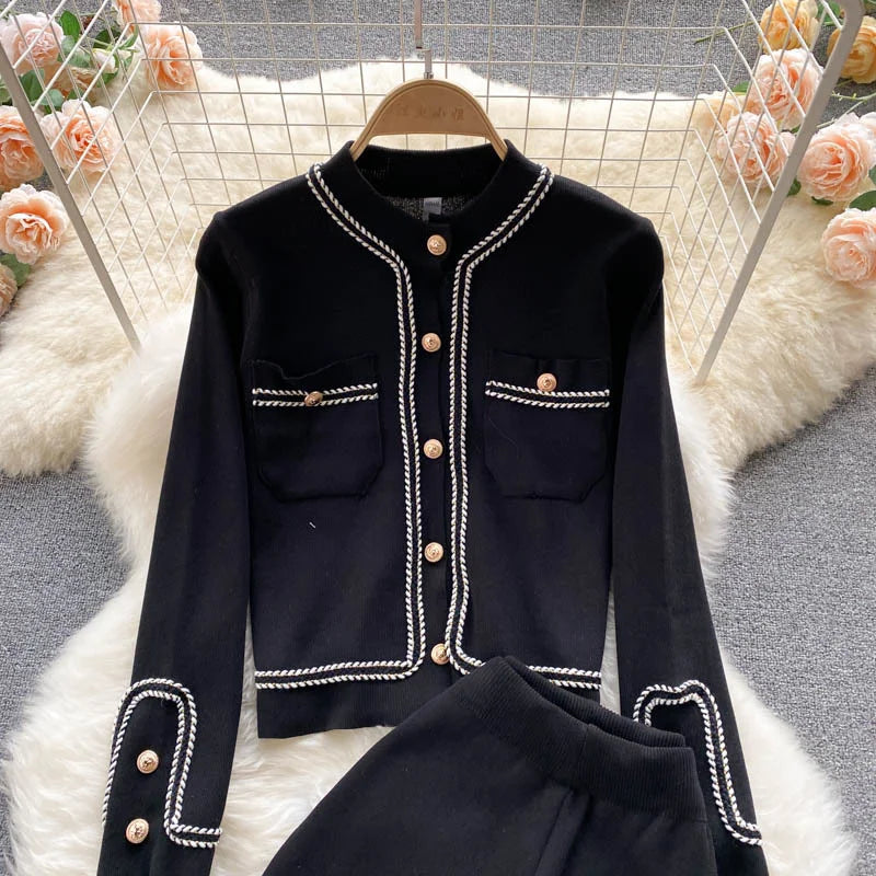 New Autumn Korean Fashion Casual Knit Two Piece Set Women Sweater Cardigan Crop Top + Wide Leg Pant Suits Tracksuit 2 Piece Sets.