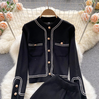 New Autumn Korean Fashion Casual Knit Two Piece Set Women Sweater Cardigan Crop Top + Wide Leg Pant Suits Tracksuit 2 Piece Sets.