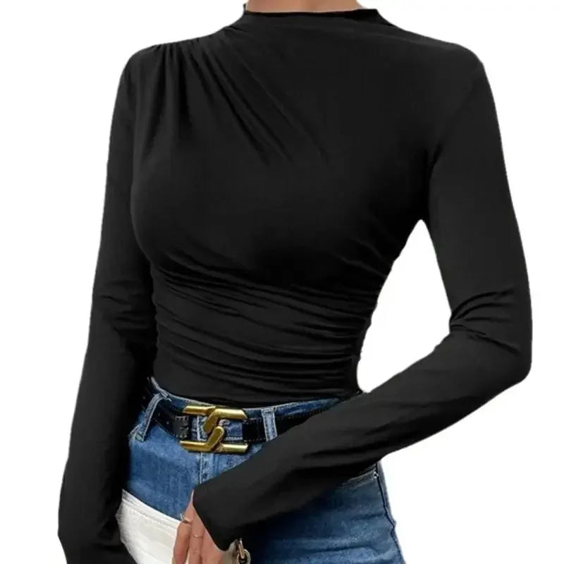 Slim Fit Long Sleeve Women's T-shirt Pure Color Design Pleated Detail Base Shirt Ladies Top Quality Material Comfortable Wear.