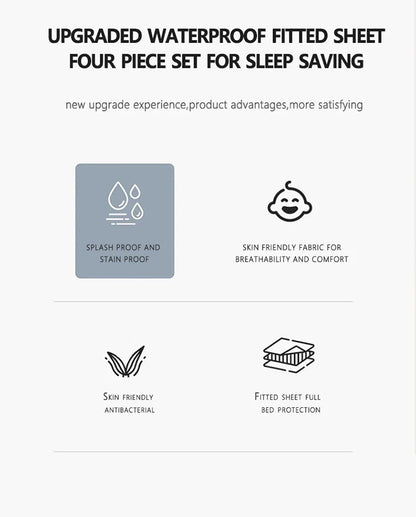 3/4pcs Solid Beding Set, Waterproof Fitted sheet & Bed Sheet & Pillowcases Soft, Queen, KIng, Full, Twin Size, White and Gray.