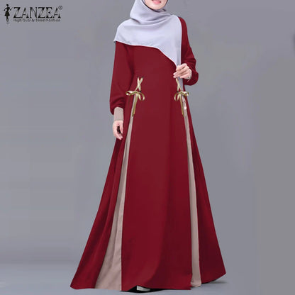 ZANZEA Mode Frauen Langarm Muslimischen Abaya Kleid Frühling Patchwork Maxi Kleider Robe Femme IsIamic Vestidos Lace Up Sommerkleid