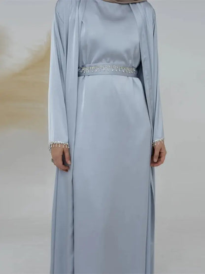 Ramadan Kebaya Chain Satin Kimono 2 Piece Abaya Set Turkey Islam Dress Muslim Sets Abayas For Women Robe Femme Musulmane Kaftan.