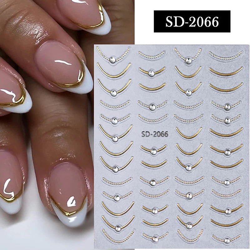 French Tips Nail Sticker 5D Embossed Crystal French Nail Decals Gold Silver Black Line Design Adhesive Slider Nails Art.