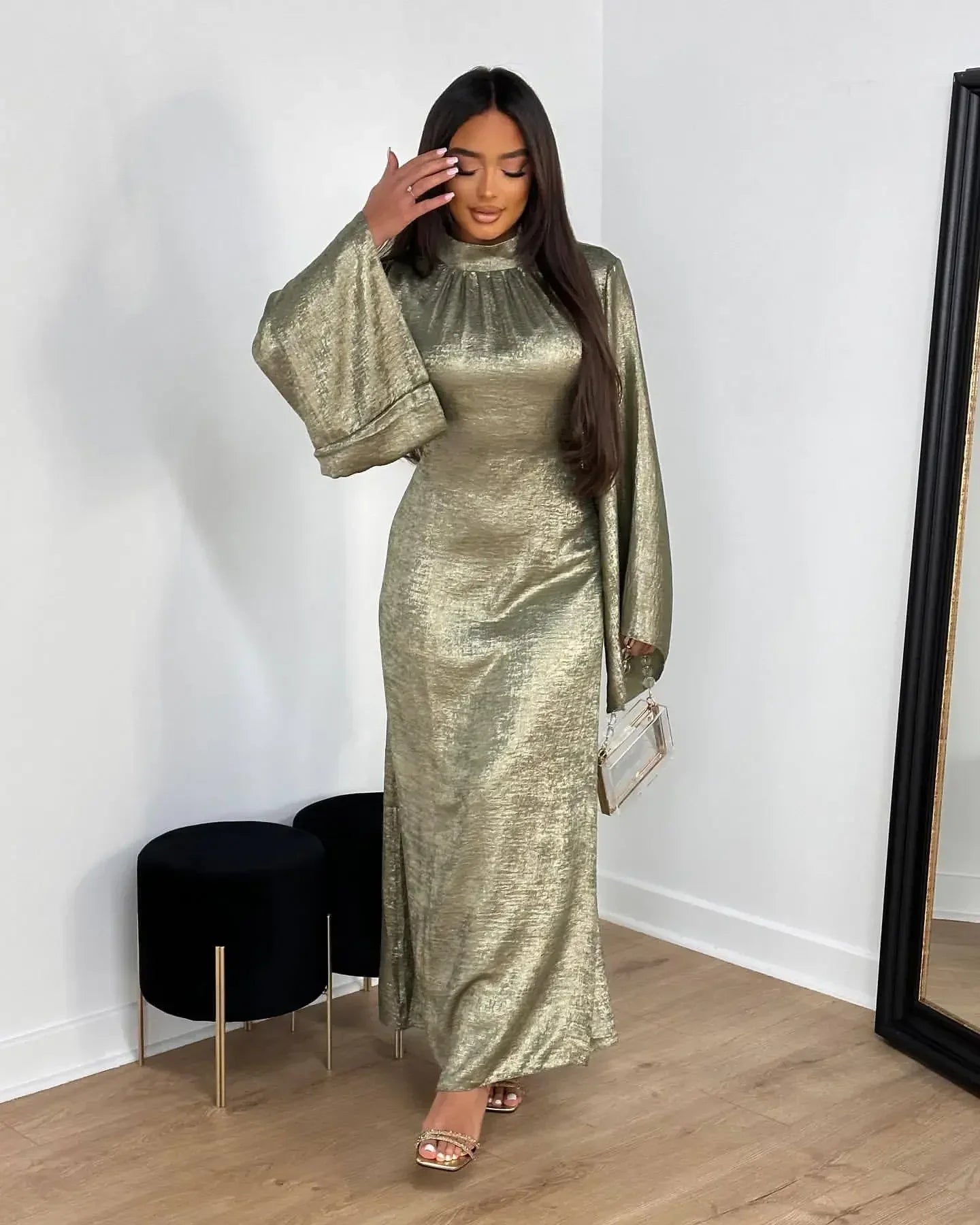 Belted Dress Pagoda Sleeve Satin Abaya Dubai Islam Muslim Kaftan Dresses Kebaya Abayas For Women Robe Musulmane Femme Vestidos.