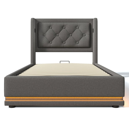 Gepolstertes Einzelbett 90x200 cm, graue Baumwolle, USB-C-Aufladung, 3-seitige LED (keine Matratze)