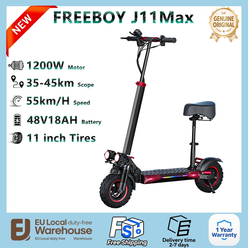 J11 Max E-Scooter 1200W Motor 48V18AH With Seat Commuter Adult Electric Scooter 11" All-Terrain Fold Scooters One-year Warranty.