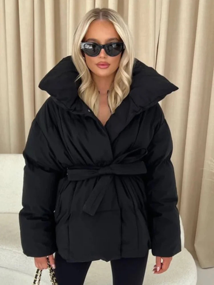 Fashion Lace Up Baumwolle Mantel Frauen Feste Revers Casual Langarm Tasche Lose Warme Kurze Mäntel Dame Winter Neue Straße Oberbekleidung