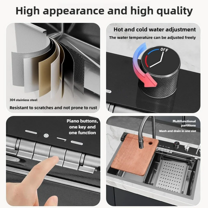 Stainless Steel Kitchen Sink Waterfall Faucet Large Single Sink Intelligent Dishwasher Sink Digital Display and Light Effects