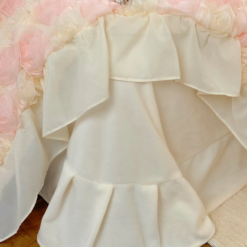 Three-Dimensional Rose Flowers Lace Ruffles Princess Wedding Bedding Set Warm Milk Velvet Duvet Cover Bed Sheet Pillowcases 4Pcs.