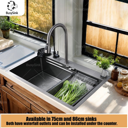 Küchenspüle aus Edelstahl mit Wasserfall, großer Einzelschlitz, multifunktionale Geschirrspülbecken, Unterbaubecken