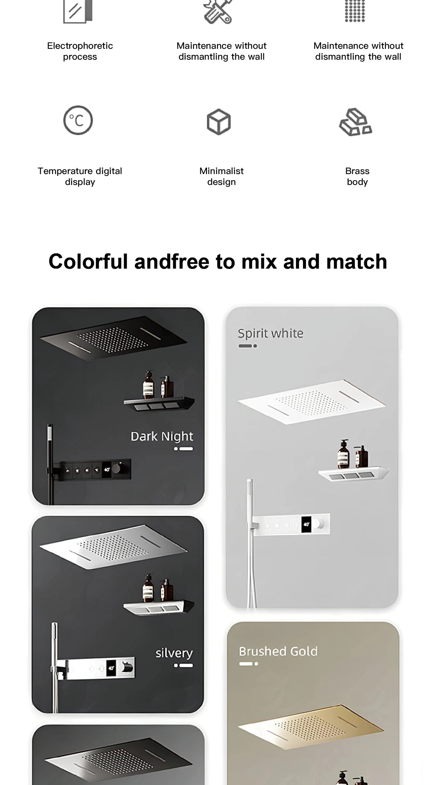 Deckenmontiertes thermostatisches LED-Digitalanzeige-Duschsystem. Eingebetteter Badmischer aus Messing im Wasserfallstil für heißes und kaltes Wasser