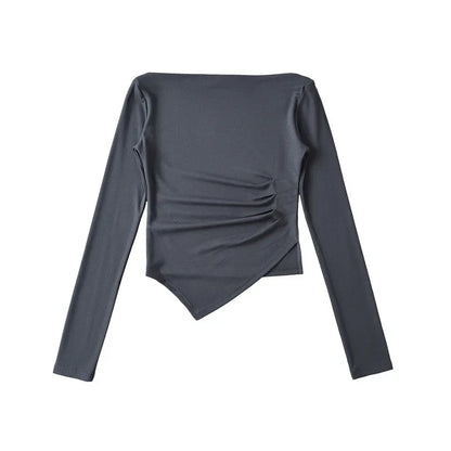 Slim Fit Long Sleeve T-Shirt Women's Shoulder Bared One-Shoulder Design Crease Asymmetrical Pure Desirable Spicy Girl Style.