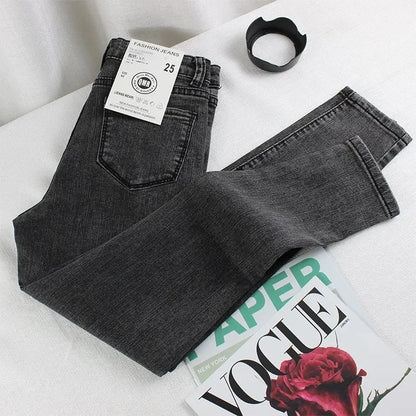 Black Grey Jeans Women's Spring Autumn Winter High-Waisted Petite Stretchy Tight Small Footed Pants Slimming Pencil Leggings.