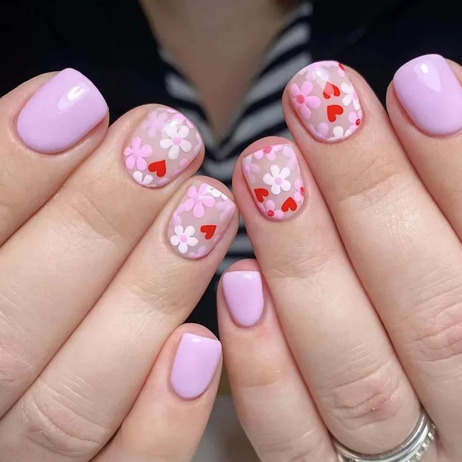 24pcs/box Glossy Short Square Fake Nails Colorful French Tip Press On Nails Flower Pattern Spring Summer False Nails For Women.