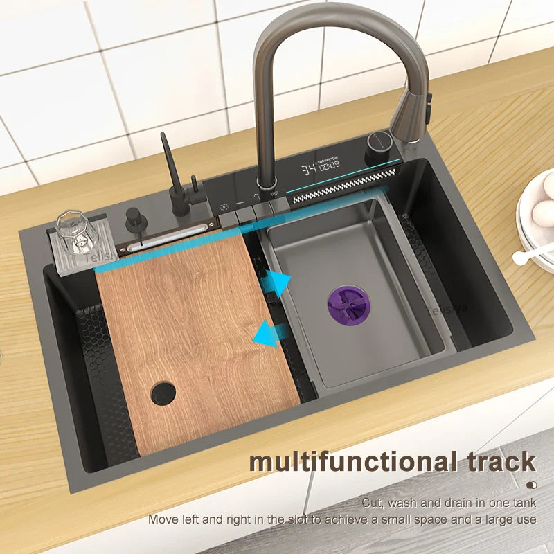 Edelstahl-Küchenspüle mit Wasserfall-Wasserhahn, integrierte Digitalanzeige, geprägtes Waschbecken für die Küche