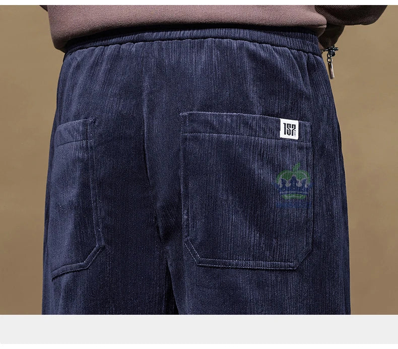 Autumn Winter Men's Corduroy Pants Elastic Waist Fashion Stretch Loose Straight Black Grey Thick Trousers Male Plus Size M-5xl
