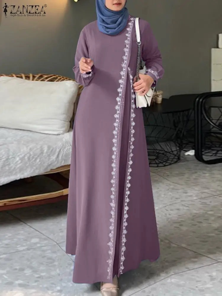 ZANZEA Autumn Women Long Sleeve O Neck Muslim Maxi Dress Kaftan Elegant Lace Crochet Loose Turkey Abaya Vestidos Islamic Dresses.