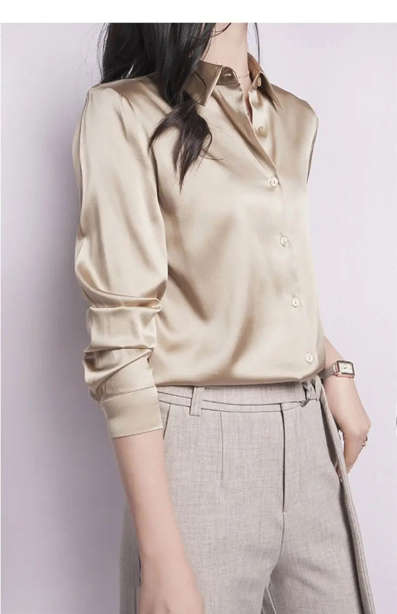 Spring Summer Casual Women's Satin Shirt Lapel Long Sleeve Blouse Loose Solid Color Office Lady Fashion Shirts Top.