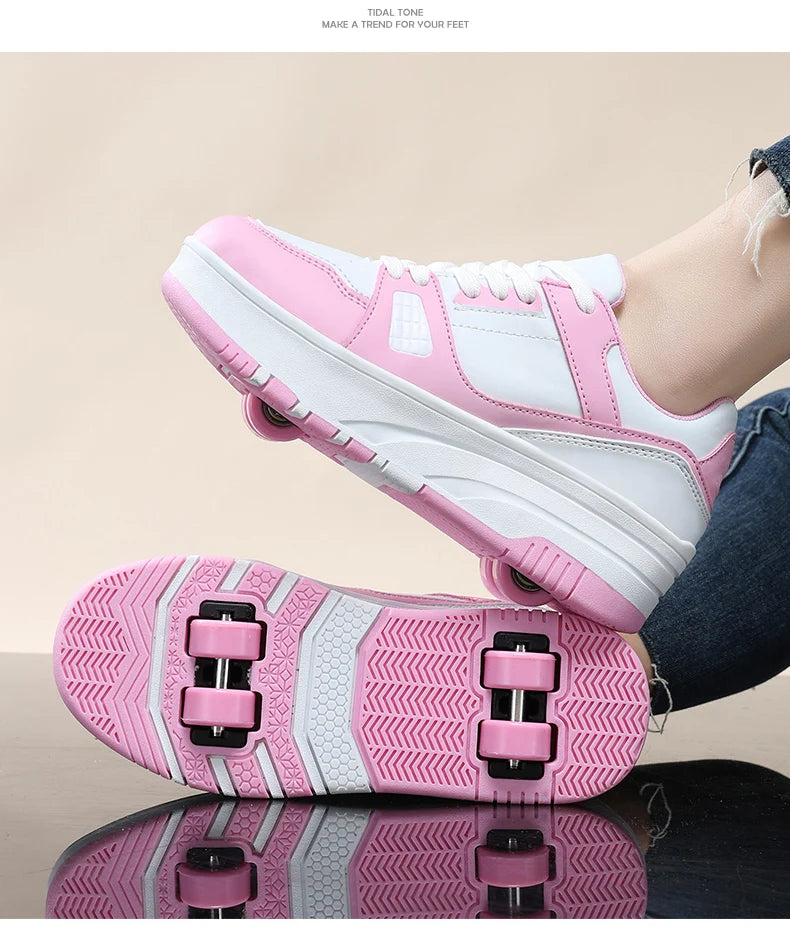 Four wheel roller shoes Boys girls walking shoes Casual outdoor sports slide and shrink school students pulleys shoes sneakers.