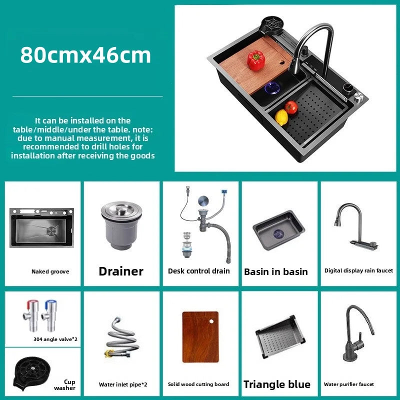 Küche Nano 304 Edelstahl Digitale Umgebungslichtspüle, Wasserfall Regenprägung Große Einzelspüle mit Messerhalter