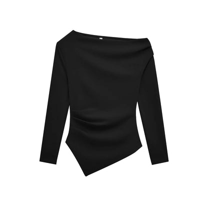 HH Women Fashion Solid 5-Color Asymmetrical Slant Collar Tops Female Spring Pleated Decoration Casual Slim Elasticity Top