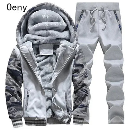 New Winter Fleece Thicken Men's Two-piece Zipper Sports Set Hooded Thermal Suit Casual Oversized Tracksuit 4XL 5XL Funny Suit