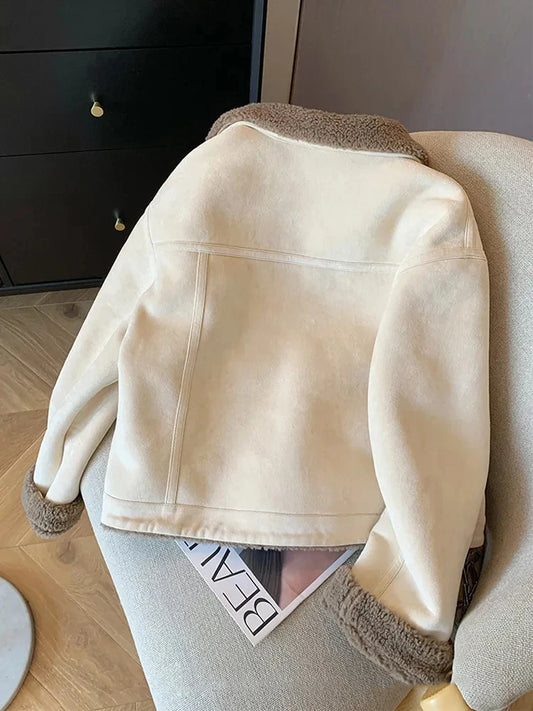 Wildleder Samt Lamm Jacke Frauen Herbst Winter Dicke Warme Turndown Kragen Mantel Y2K Lose Streetwear Alle Spiel Langarm Outwear