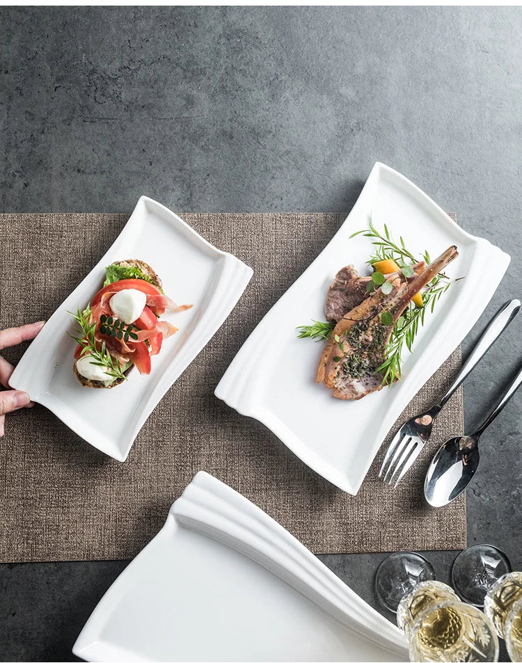 Creative Ceramic White Rectangular Western Food Plate Hotel Restaurant Special Cake Dessert Tableware Household Sushi Set Plate.